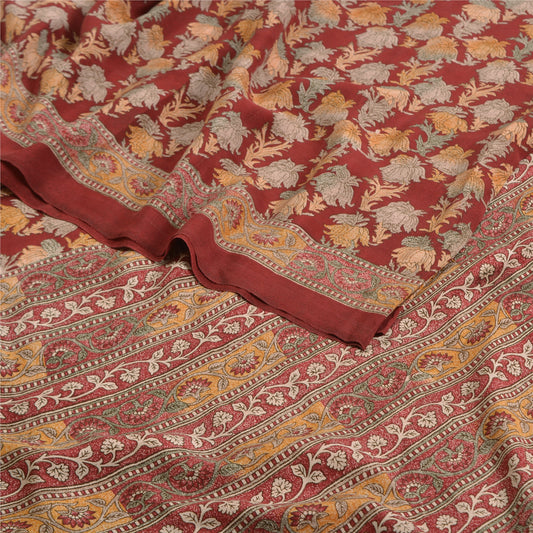 Sanskriti Vintage Sarees Dark Red Pure Crepe Silk Printed Sari Soft Craft Sustainable Fabric