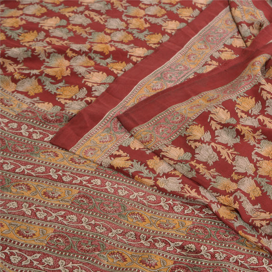 Sanskriti Vintage Sarees Dark Red Pure Crepe Silk Printed Sari Soft Craft Sustainable Fabric