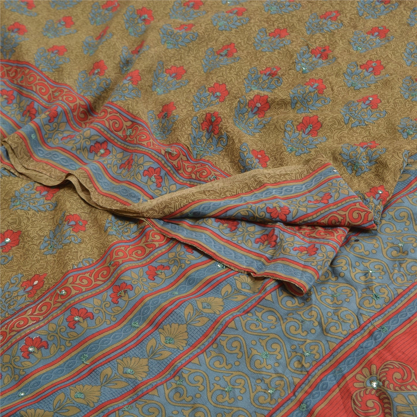 Sanskriti Vintage Sarees Green Hand Beaded Pure Crepe Silk Sari 5yd Craft Sustainable Fabric