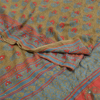 Sanskriti Vintage Sarees Green Hand Beaded Pure Crepe Silk Sari 5yd Craft Sustainable Fabric