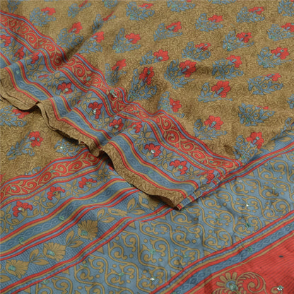 Sanskriti Vintage Sarees Green Hand Beaded Pure Crepe Silk Sari 5yd Craft Sustainable Fabric