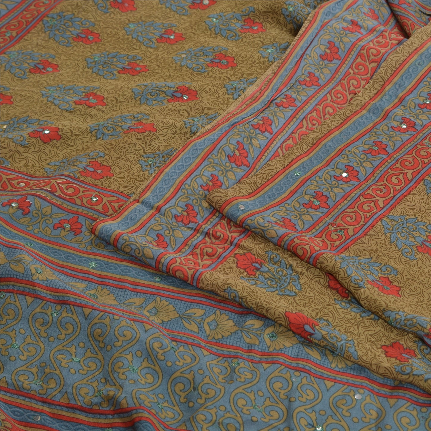 Sanskriti Vintage Sarees Green Hand Beaded Pure Crepe Silk Sari 5yd Craft Sustainable Fabric