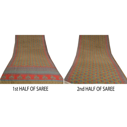 Sanskriti Vintage Sarees Green Hand Beaded Pure Crepe Silk Sari 5yd Craft Sustainable Fabric