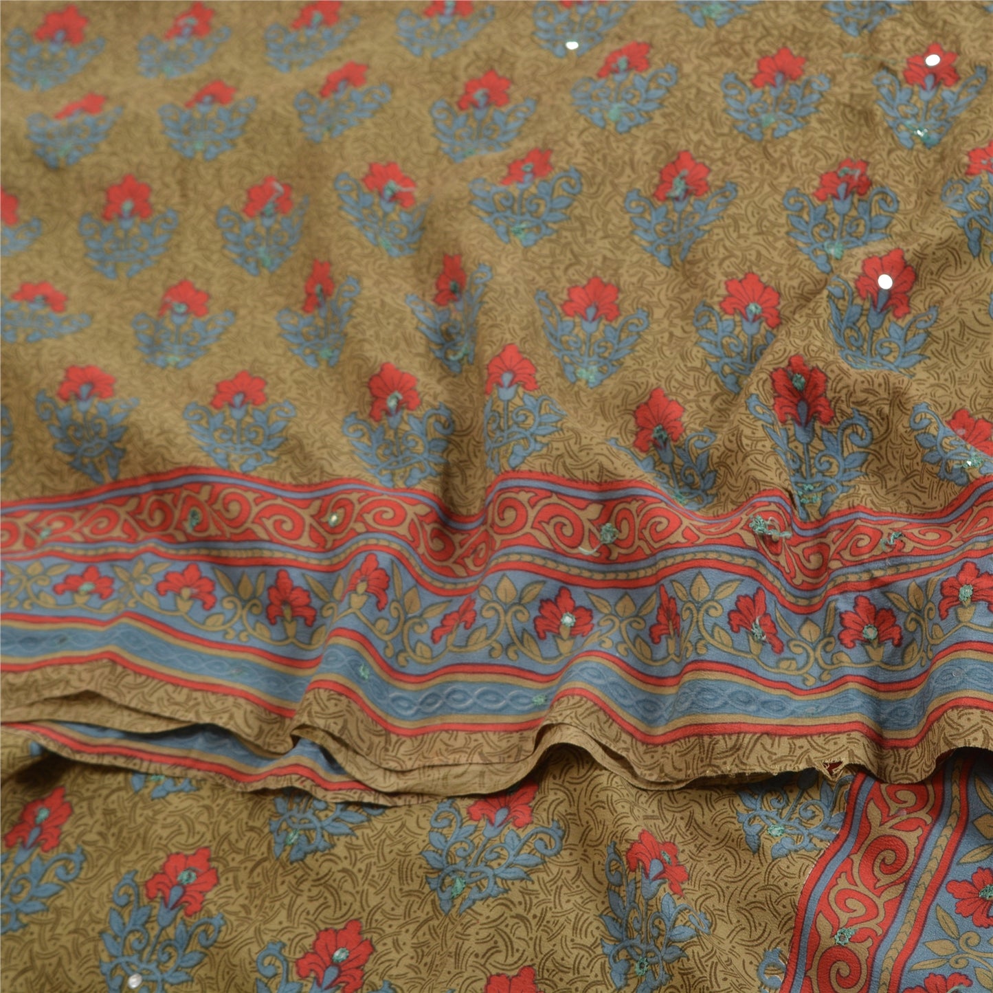 Sanskriti Vintage Sarees Green Hand Beaded Pure Crepe Silk Sari 5yd Craft Sustainable Fabric