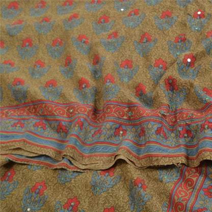 Sanskriti Vintage Sarees Green Hand Beaded Pure Crepe Silk Sari 5yd Craft Sustainable Fabric