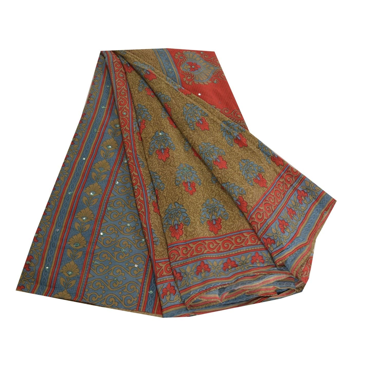 Sanskriti Vintage Sarees Green Hand Beaded Pure Crepe Silk Sari 5yd Craft Sustainable Fabric