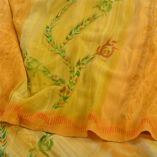 Sanskriti Vintage Sarees Yellow/Green Pure Crepe Silk Printed Sari Craft Sustainable Fabric