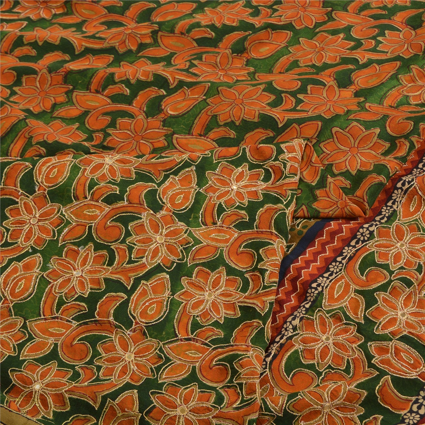 Sanskriti Vintage Sarees Green/Orange Hand Beaded Pure Crepe Sari Craft Sustainable Fabric
