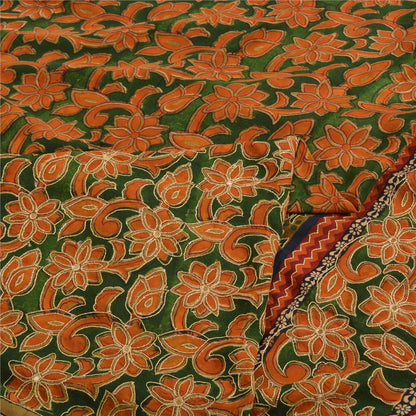Sanskriti Vintage Sarees Green/Orange Hand Beaded Pure Crepe Sari Craft Sustainable Fabric
