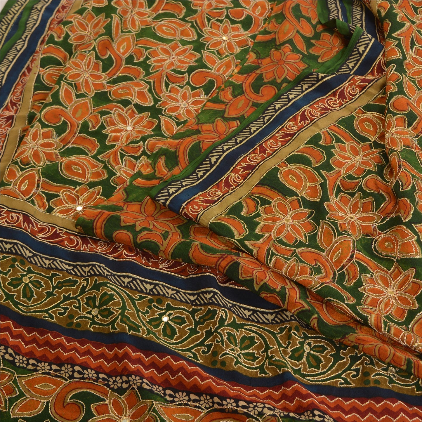 Sanskriti Vintage Sarees Green/Orange Hand Beaded Pure Crepe Sari Craft Sustainable Fabric