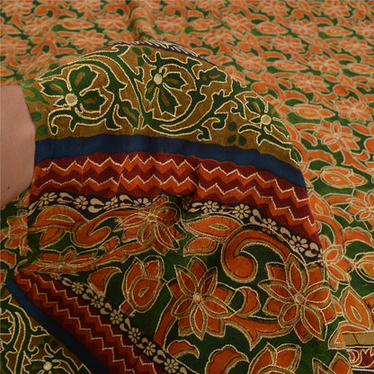 Sanskriti Vintage Sarees Green/Orange Hand Beaded Pure Crepe Sari Craft Sustainable Fabric