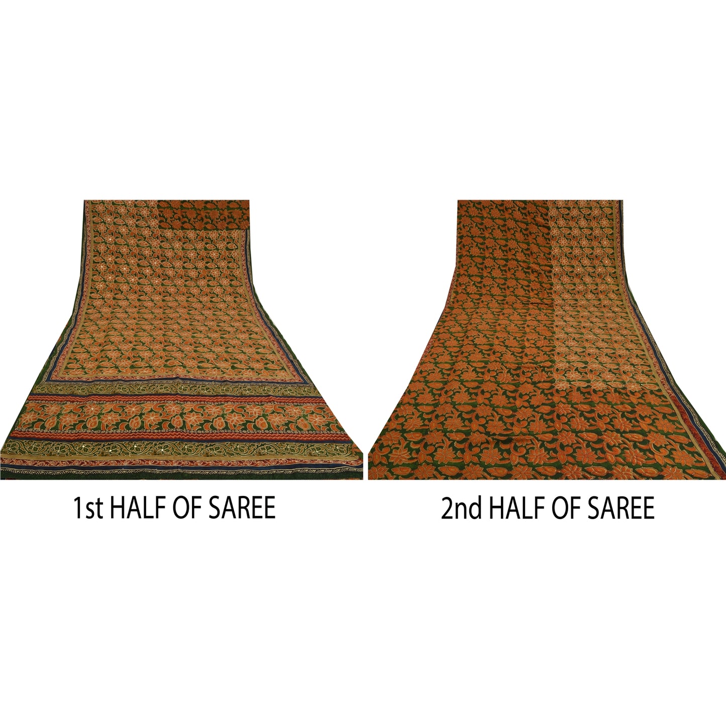 Sanskriti Vintage Sarees Green/Orange Hand Beaded Pure Crepe Sari Craft Sustainable Fabric