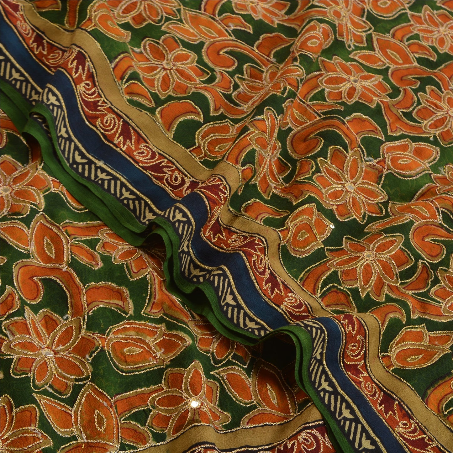 Sanskriti Vintage Sarees Green/Orange Hand Beaded Pure Crepe Sari Craft Sustainable Fabric