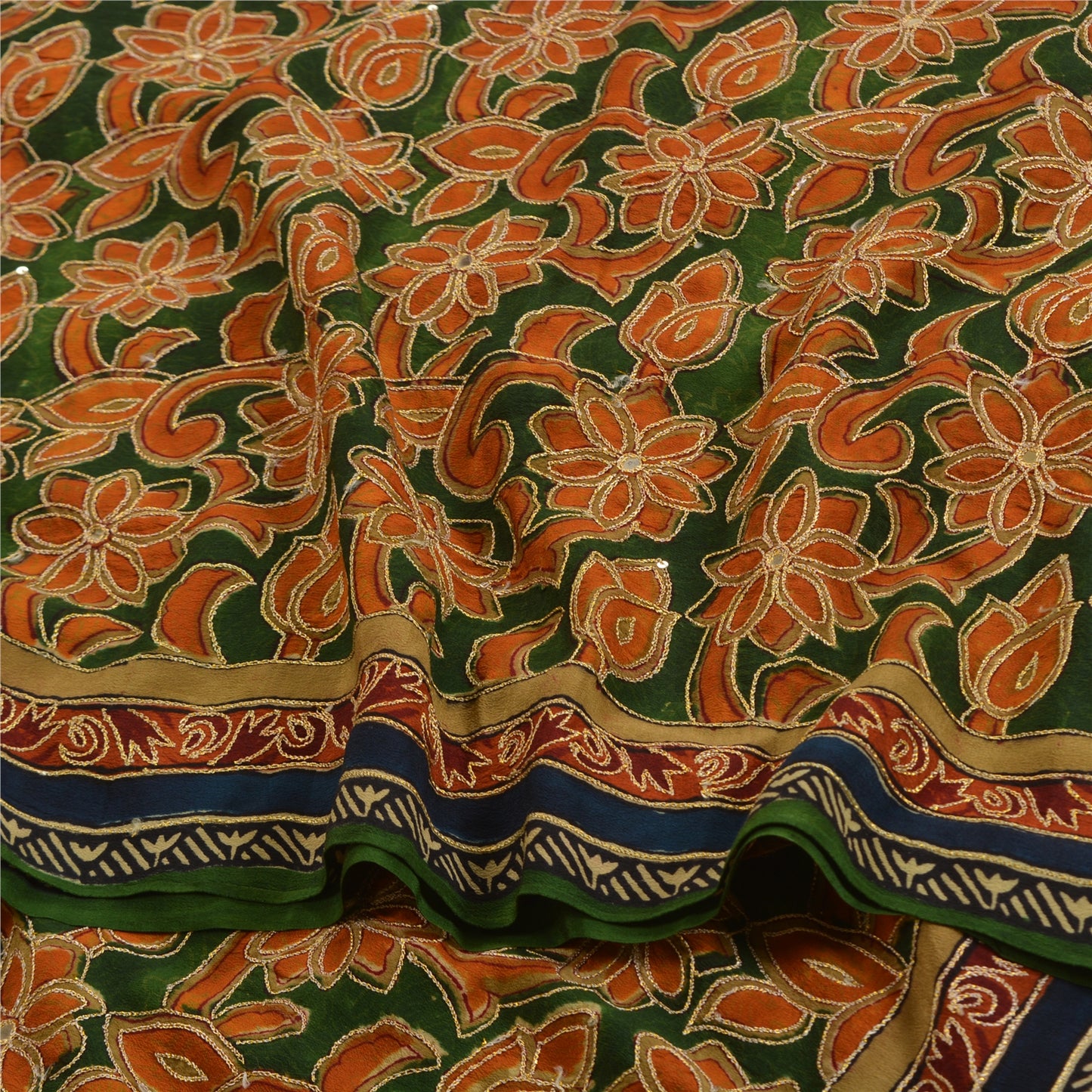 Sanskriti Vintage Sarees Green/Orange Hand Beaded Pure Crepe Sari Craft Sustainable Fabric