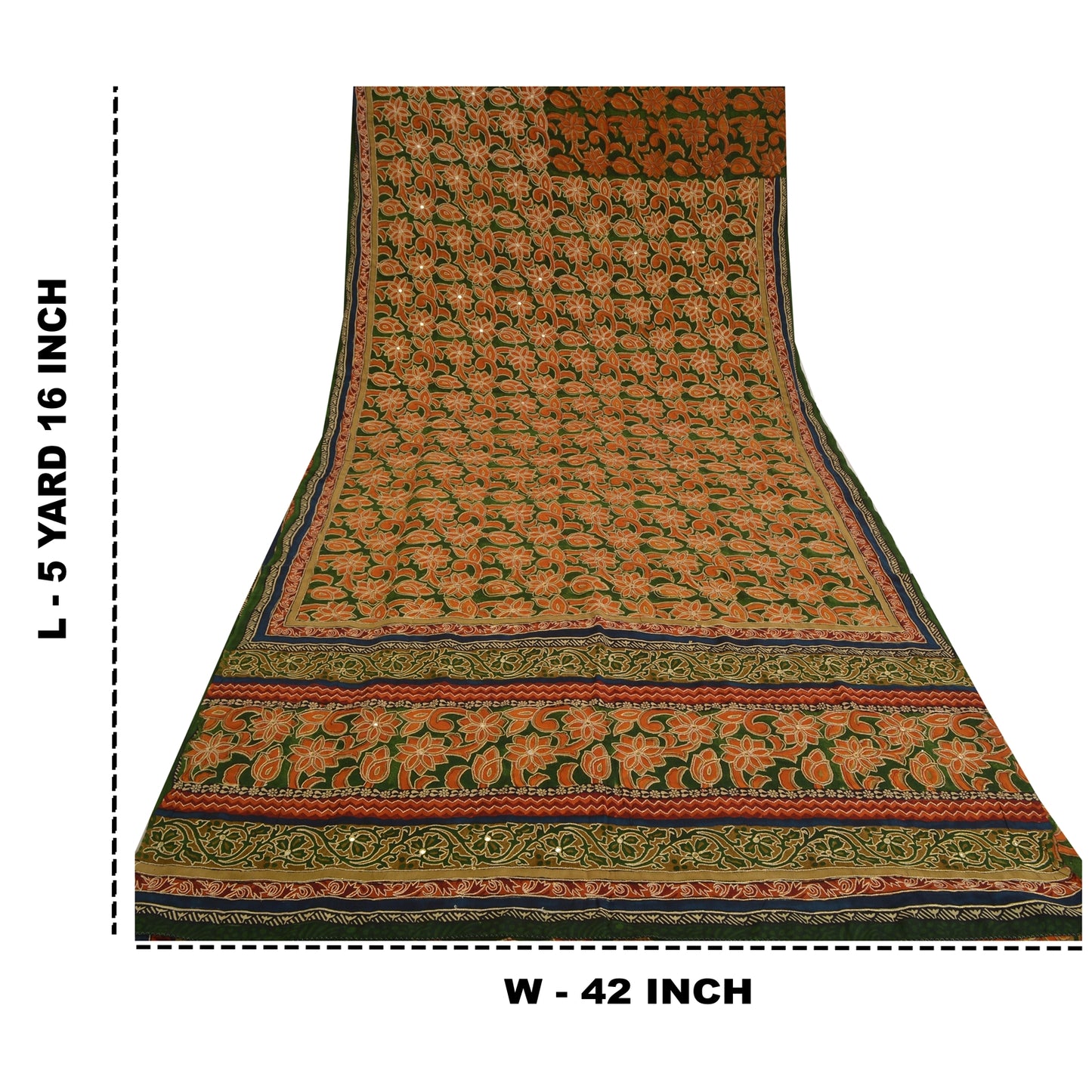 Sanskriti Vintage Sarees Green/Orange Hand Beaded Pure Crepe Sari Craft Sustainable Fabric