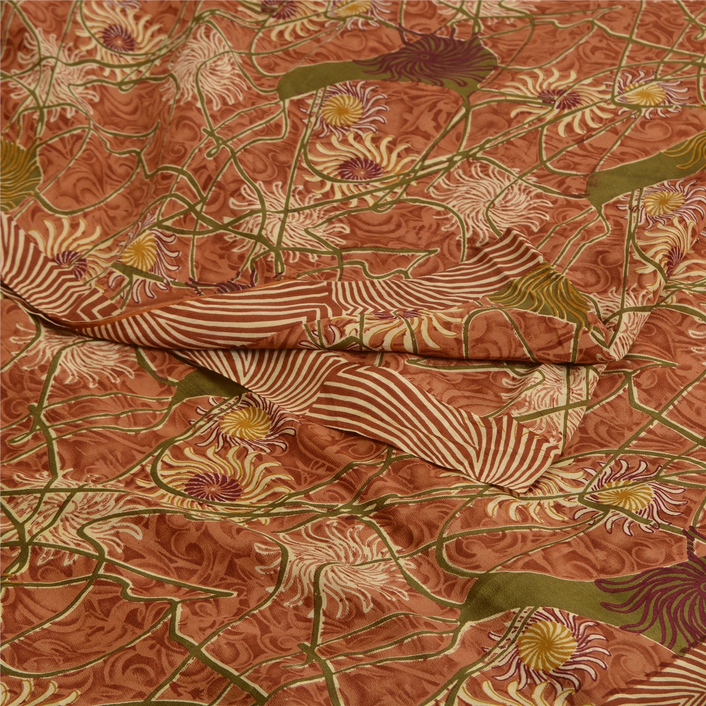 Sanskriti Vintage Sarees Indian Brown Pure Crepe Silk Printed Sari Craft Sustainable Fabric