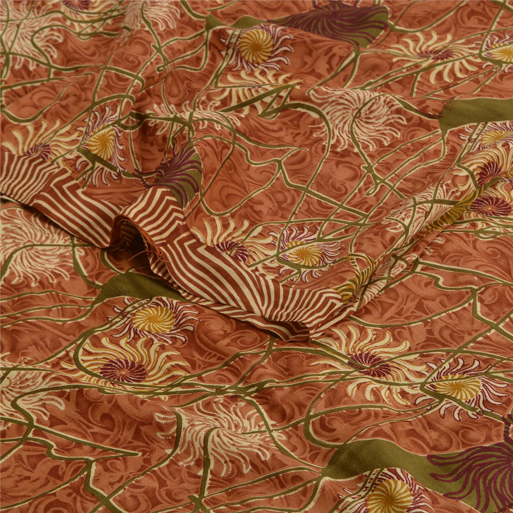 Sanskriti Vintage Sarees Indian Brown Pure Crepe Silk Printed Sari Craft Sustainable Fabric