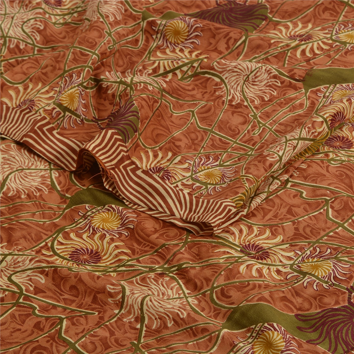 Sanskriti Vintage Sarees Indian Brown Pure Crepe Silk Printed Sari Craft Sustainable Fabric