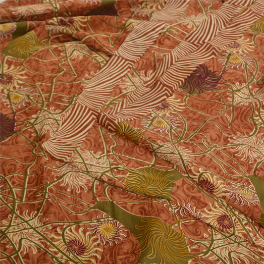 Sanskriti Vintage Sarees Indian Brown Pure Crepe Silk Printed Sari Craft Sustainable Fabric