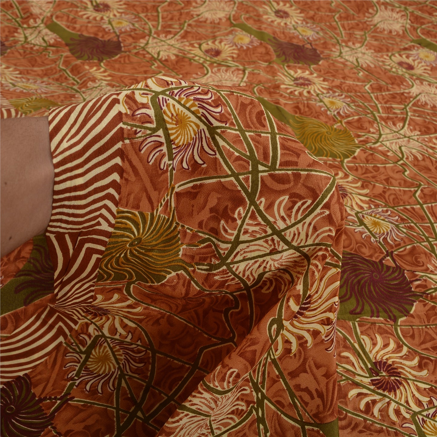 Sanskriti Vintage Sarees Indian Brown Pure Crepe Silk Printed Sari Craft Sustainable Fabric