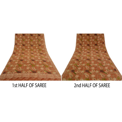 Sanskriti Vintage Sarees Indian Brown Pure Crepe Silk Printed Sari Craft Sustainable Fabric