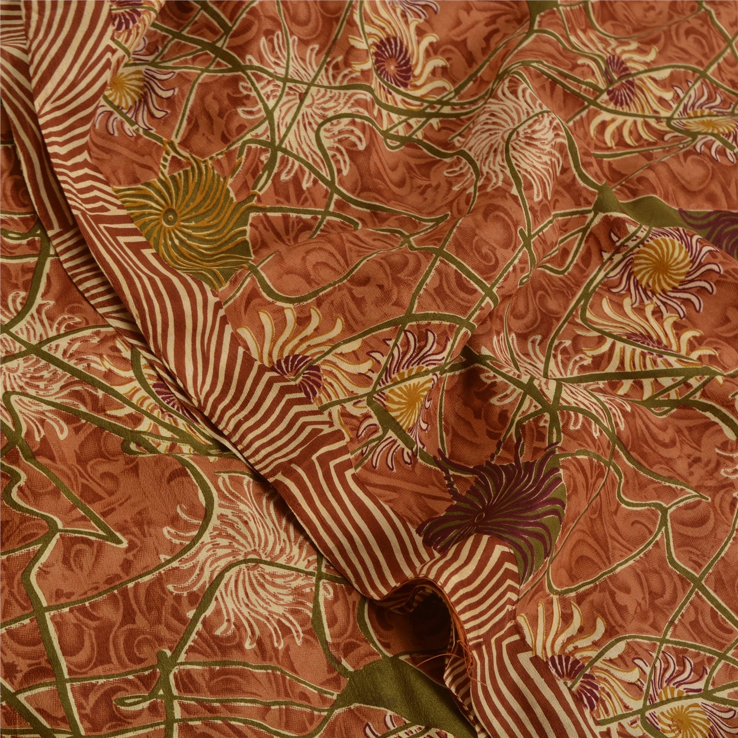 Sanskriti Vintage Sarees Indian Brown Pure Crepe Silk Printed Sari Craft Sustainable Fabric