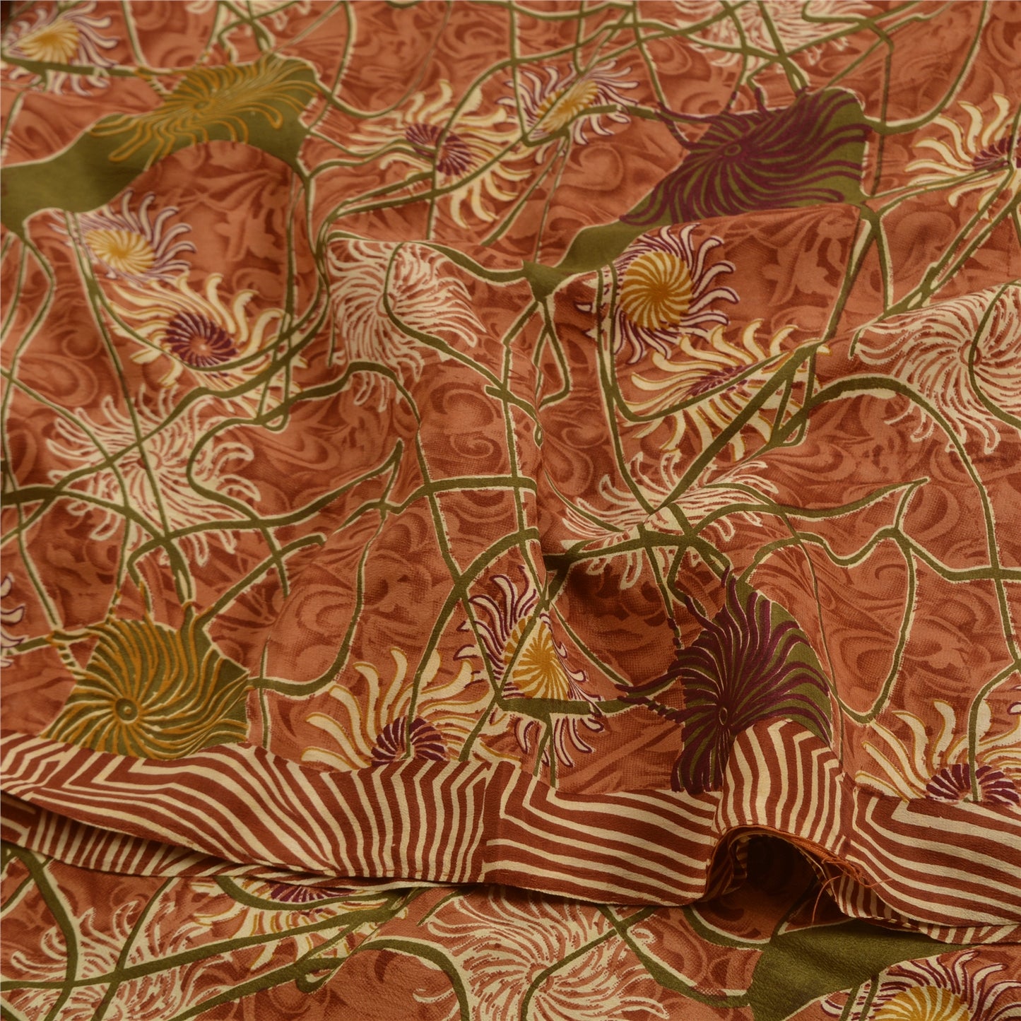 Sanskriti Vintage Sarees Indian Brown Pure Crepe Silk Printed Sari Craft Sustainable Fabric