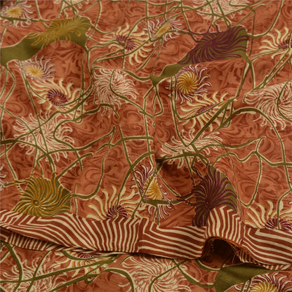 Sanskriti Vintage Sarees Indian Brown Pure Crepe Silk Printed Sari Craft Sustainable Fabric