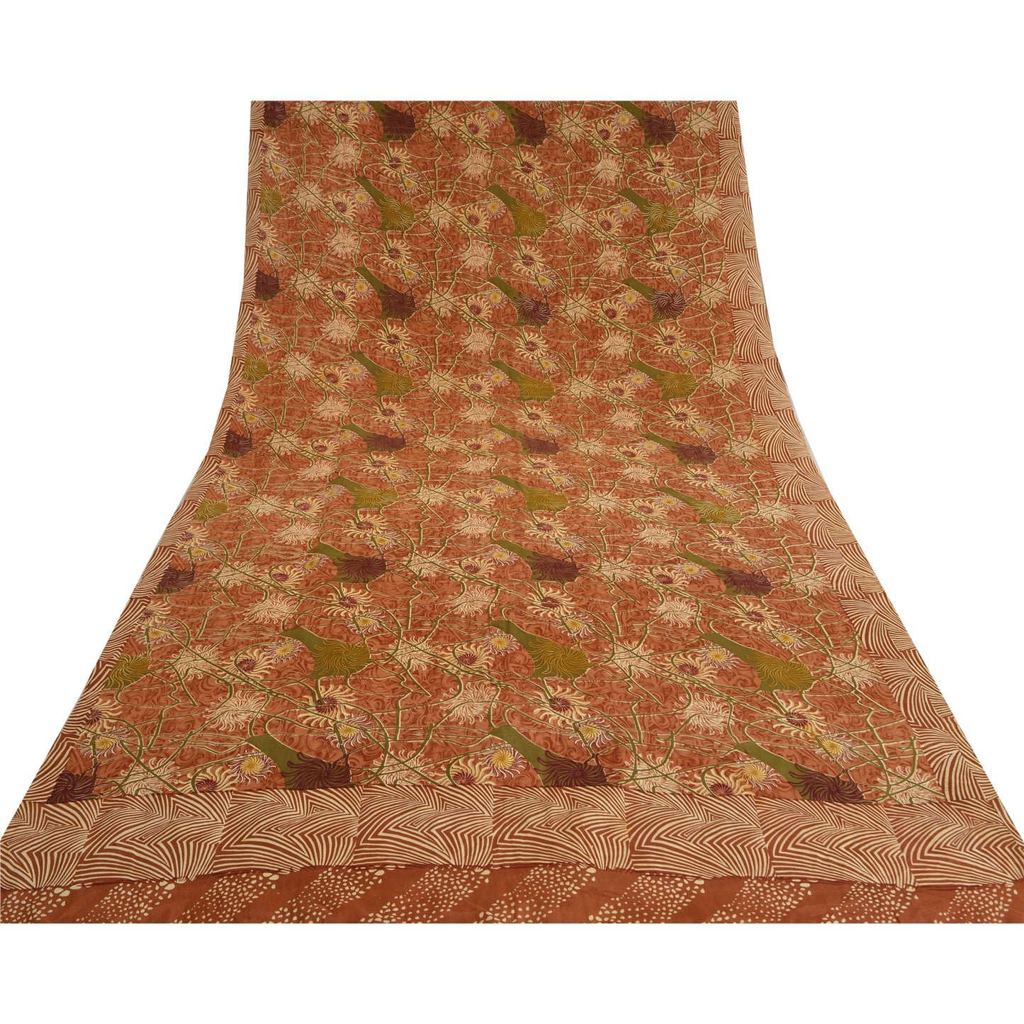 Sanskriti Vintage Sarees Indian Brown Pure Crepe Silk Printed Sari Craft Sustainable Fabric