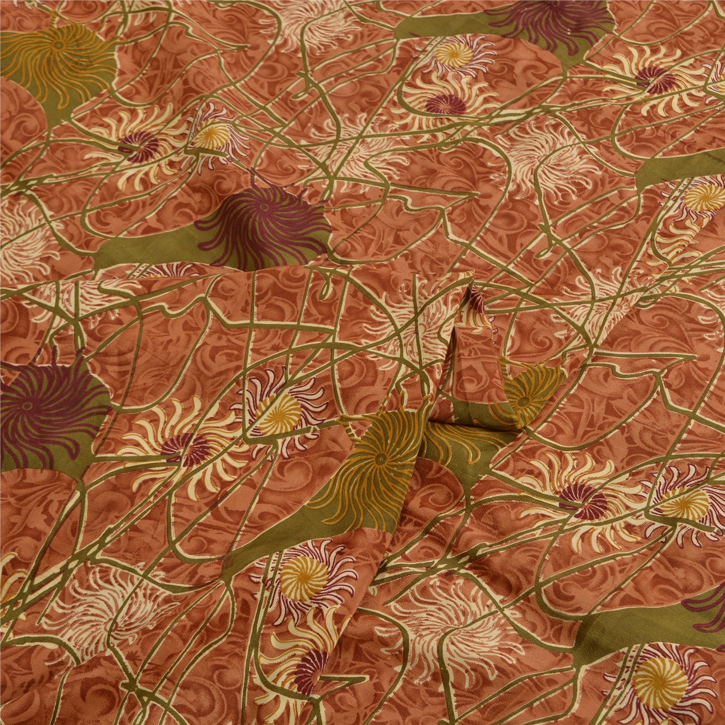 Sanskriti Vintage Sarees Indian Brown Pure Crepe Silk Printed Sari Craft Sustainable Fabric