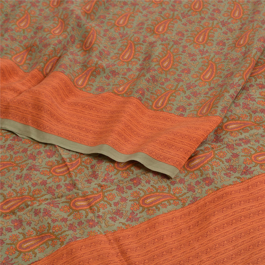 Sanskriti Vintage Sarees Grøn/Orange Ren Crepe Silke Trykt Sari Håndværk Bæredygtigt Stof