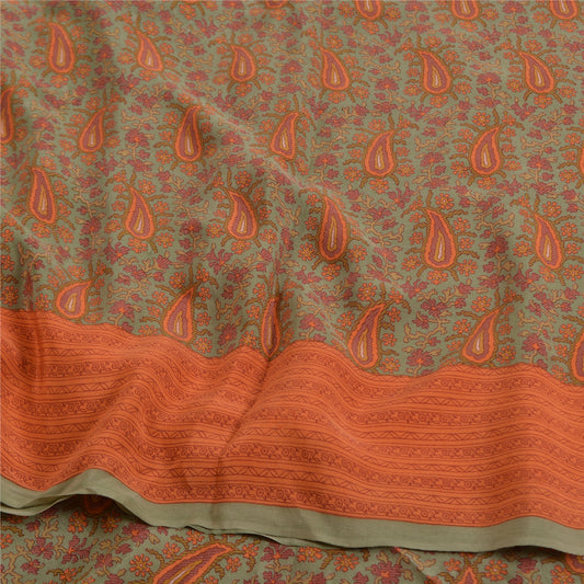Sanskriti Vintage Sarees Grøn/Orange Ren Crepe Silke Trykt Sari Håndværk Bæredygtigt Stof