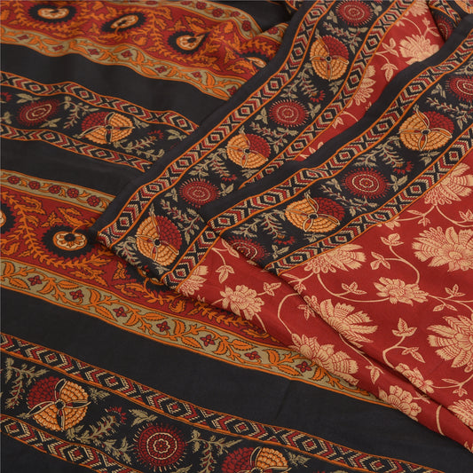 Sanskriti Vintage Sarier Rød/Sort Ren Crepe Silke Trykt Sari 5 m Håndværk Bæredygtigt Stoff