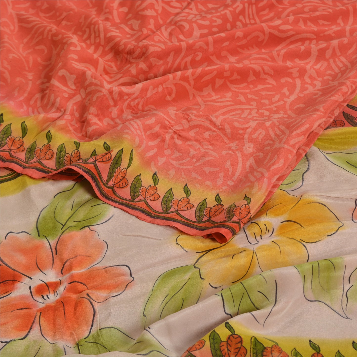 Sanskriti Vintage Sarees Orange 100% Ren Crepe Silke Trykt Sari Håndværk Bæredygtigt Stoff