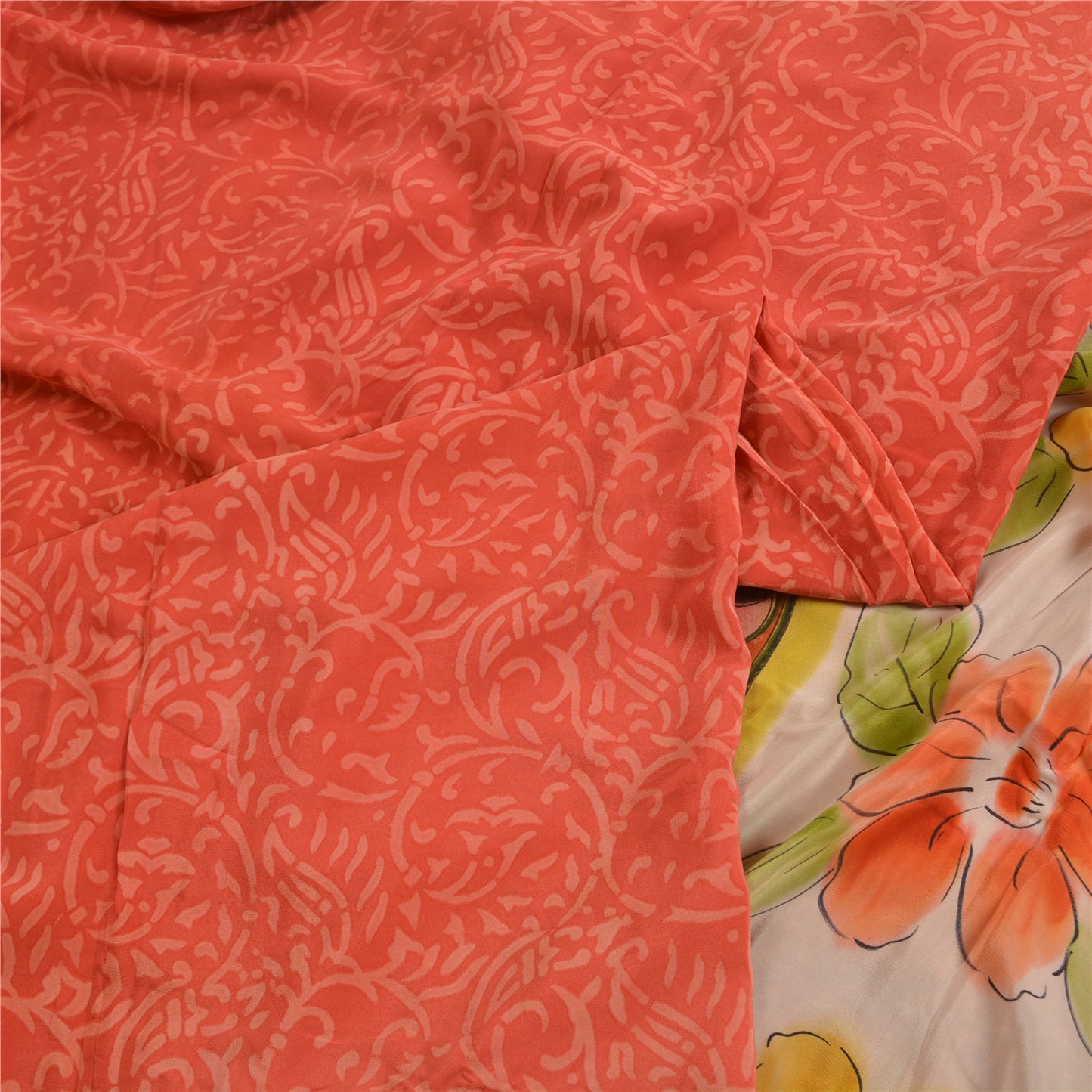 Sanskriti Vintage Sarees Orange 100% Ren Crepe Silke Trykt Sari Håndværk Bæredygtigt Stoff