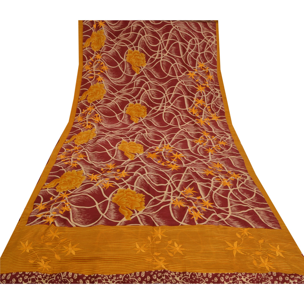 Sanskriti Vintage Sarees Dark Red Embroiderd Printed Pure Crepe Silk Sari Fabric