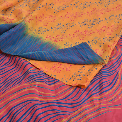 Sanskriti Vintage Saffron/Pink Sarees Pure Crepe Silk Printed Sari Craft Sustainable Fabric