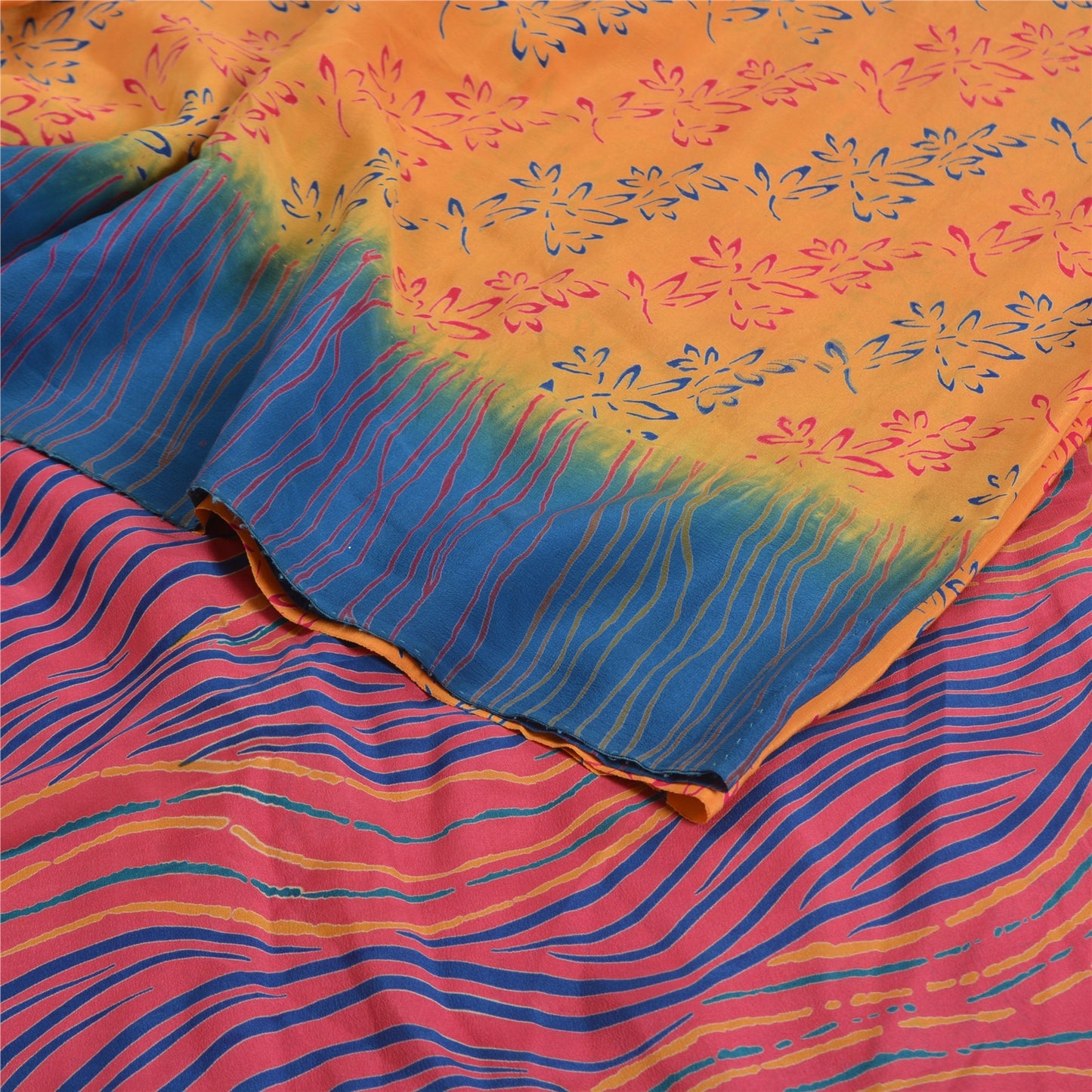 Sanskriti Vintage Saffron/Pink Sarees Pure Crepe Silk Printed Sari Craft Sustainable Fabric