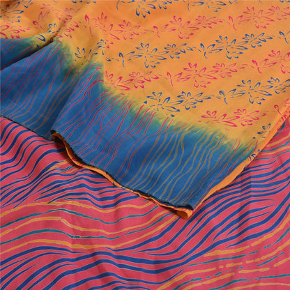 Sanskriti Vintage Saffron/Pink Sarees Pure Crepe Silk Printed Sari Craft Sustainable Fabric