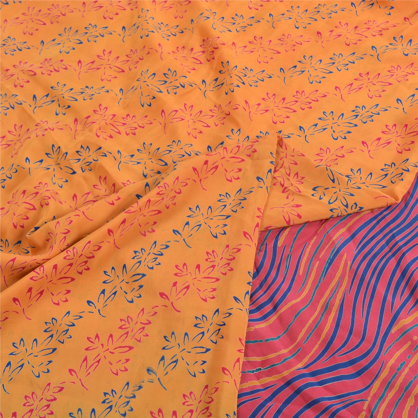 Sanskriti Vintage Saffron/Pink Sarees Pure Crepe Silk Printed Sari Craft Sustainable Fabric