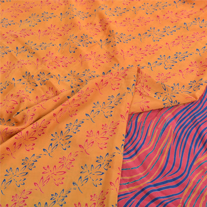 Sanskriti Vintage Saffron/Pink Sarees Pure Crepe Silk Printed Sari Craft Sustainable Fabric