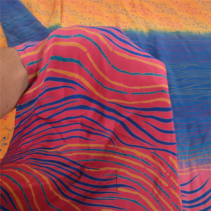 Sanskriti Vintage Saffron/Pink Sarees Pure Crepe Silk Printed Sari Craft Sustainable Fabric