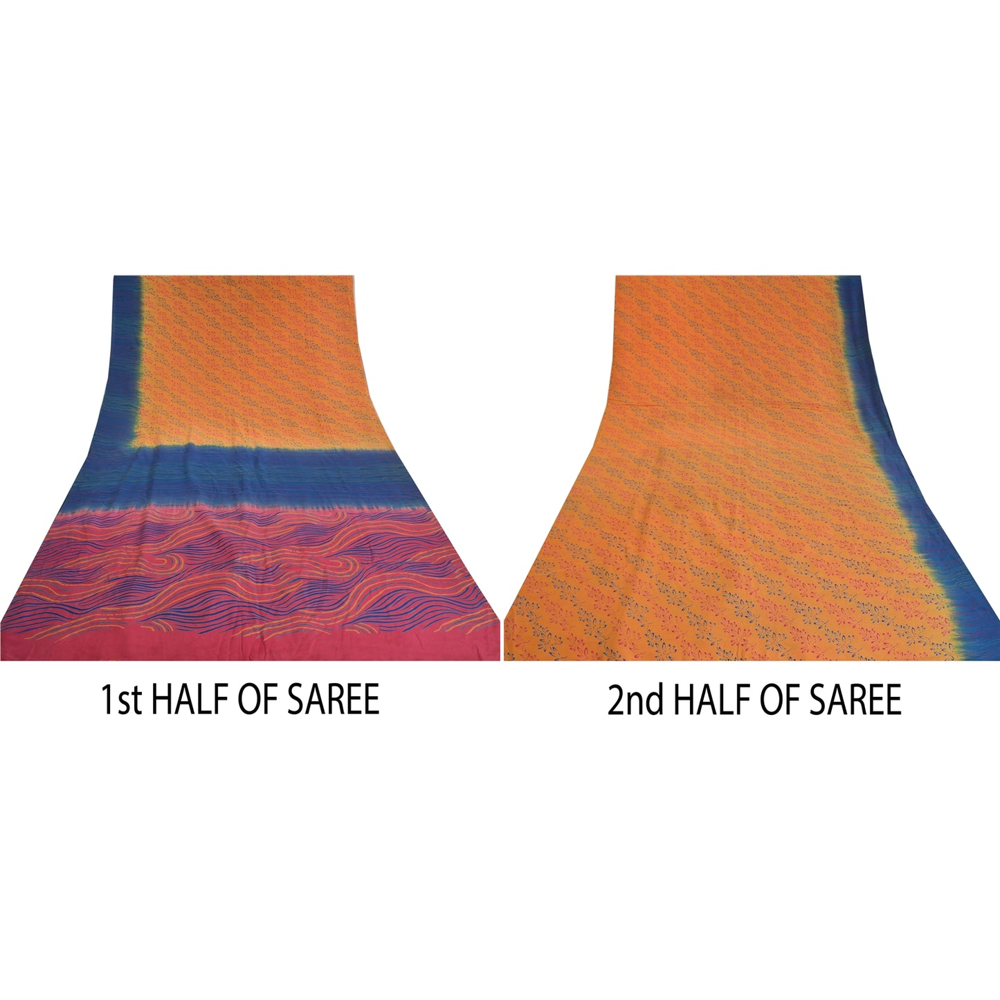 Sanskriti Vintage Saffron/Pink Sarees Pure Crepe Silk Printed Sari Craft Sustainable Fabric