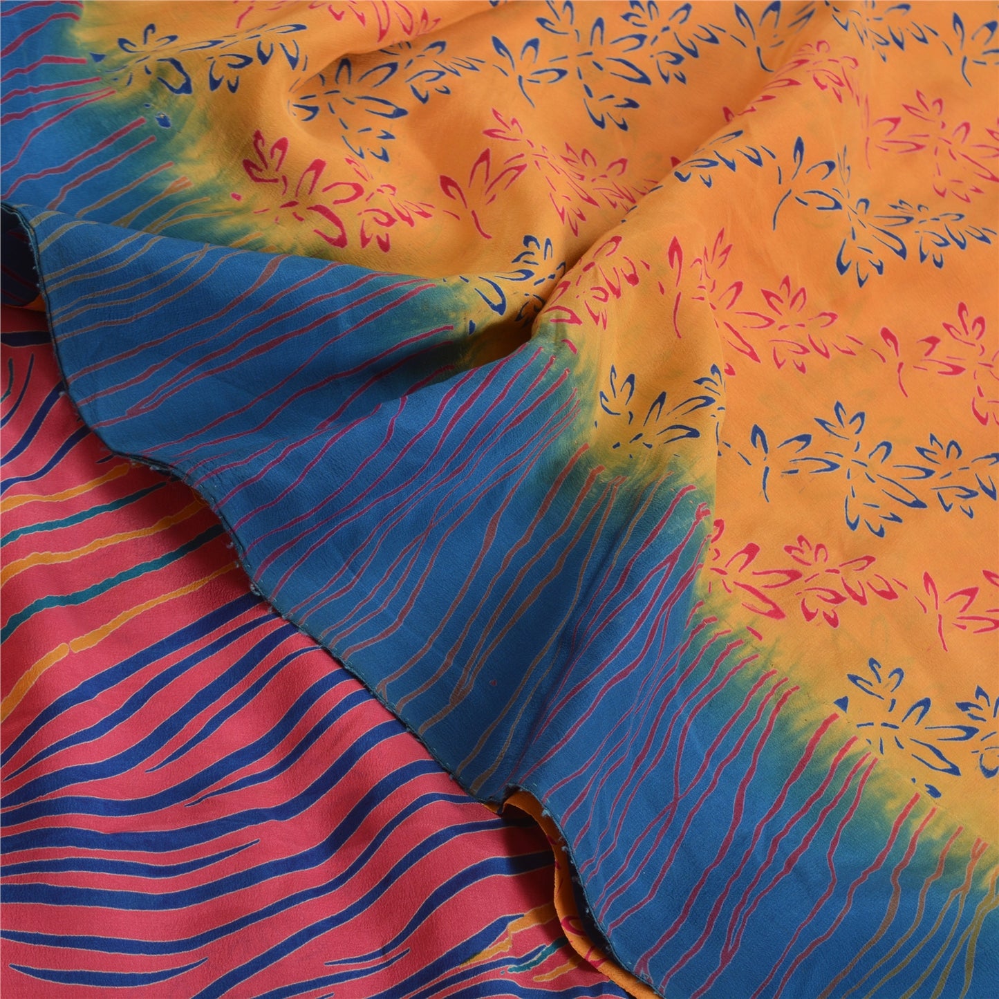 Sanskriti Vintage Saffron/Pink Sarees Pure Crepe Silk Printed Sari Craft Sustainable Fabric