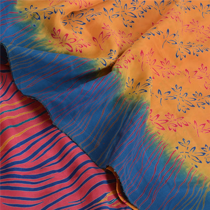Sanskriti Vintage Saffron/Pink Sarees Pure Crepe Silk Printed Sari Craft Sustainable Fabric