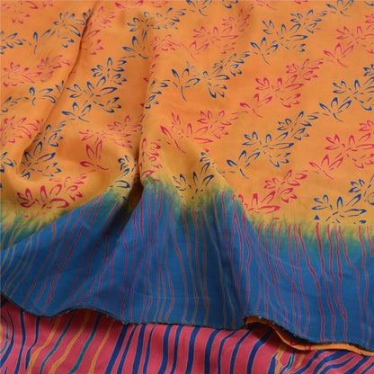 Sanskriti Vintage Saffron/Pink Sarees Pure Crepe Silk Printed Sari Craft Sustainable Fabric