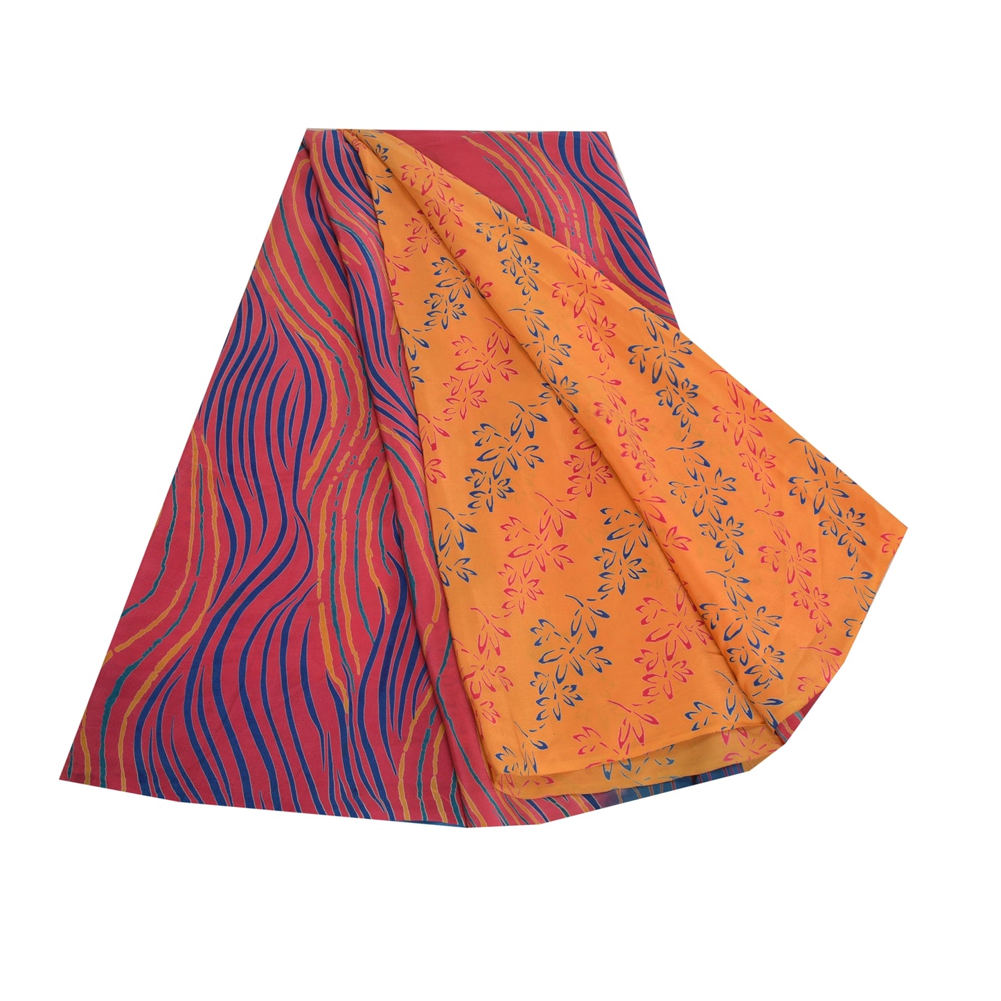 Sanskriti Vintage Saffron/Pink Sarees Pure Crepe Silk Printed Sari Craft Sustainable Fabric