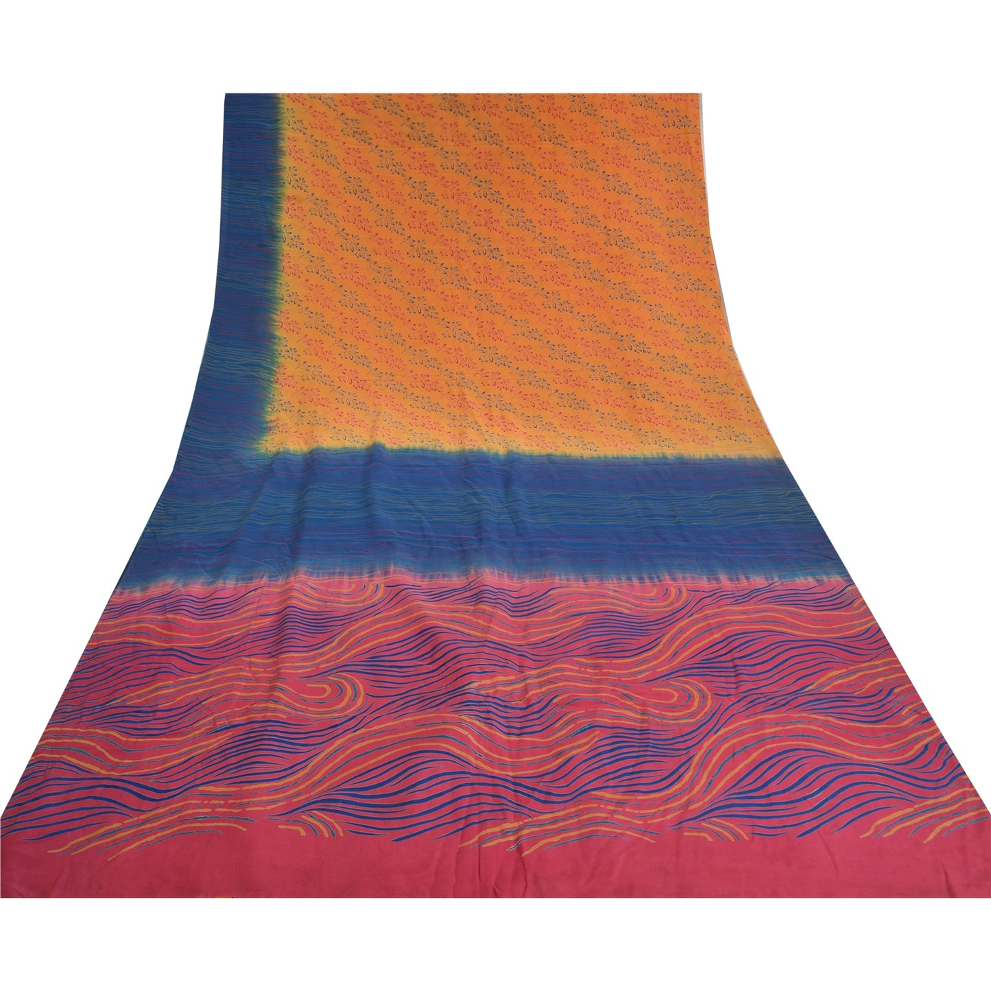Sanskriti Vintage Saffron/Pink Sarees Pure Crepe Silk Printed Sari Craft Sustainable Fabric