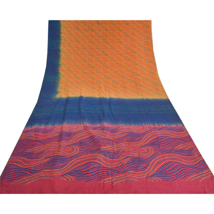 Sanskriti Vintage Saffron/Pink Sarees Pure Crepe Silk Printed Sari Craft Sustainable Fabric