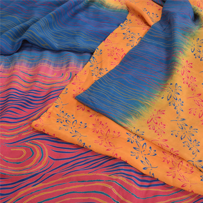 Sanskriti Vintage Saffron/Pink Sarees Pure Crepe Silk Printed Sari Craft Sustainable Fabric